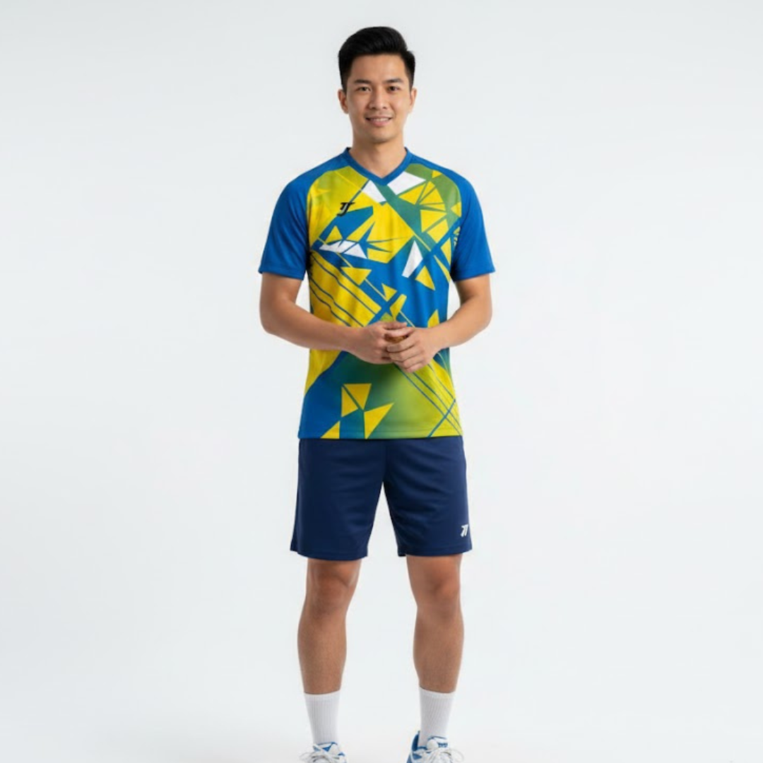 Sportswear model in blue and yellow jersey